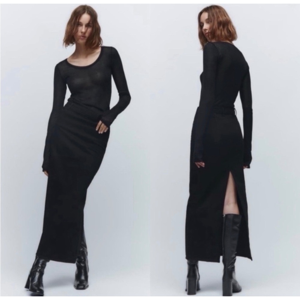 ZARA‎ Black The Sculpted Denim Maxi Skirt with Back Slit Size Small